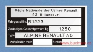 Výrobní štítek RENAULT ALPINE
