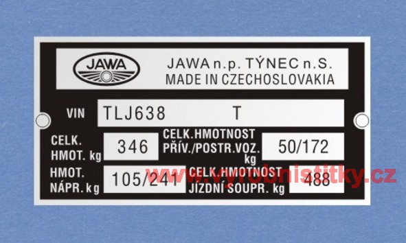 Výrobní štítek JAWA 350 TLJ638 hm 346