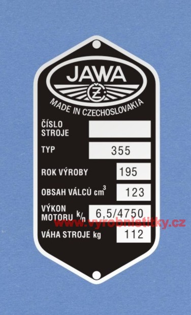 Výrobní štítek JAWA ČZ-355 váha 112