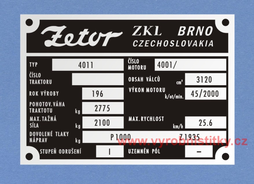 Výrobní štítek Zetor 4011 váha 2775