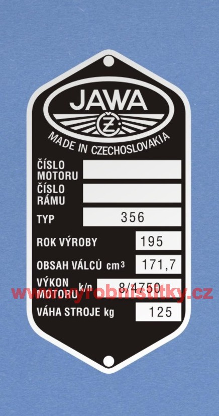 Výrobní štítek JAWA ČZ-356 váha 125, obsah 171,7 výkon 8k