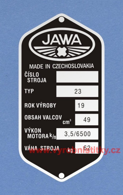 Výrobní štítek JAWA 23 rv 19 obsah 49,9