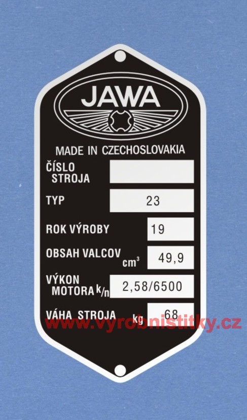 Výrobní štítek JAWA 23 rv 1980, logo v obrysech