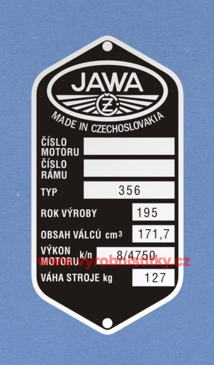 Výrobní štítek JAWA ČZ-356 váha 127, obsah 171,7 výkon 8k
