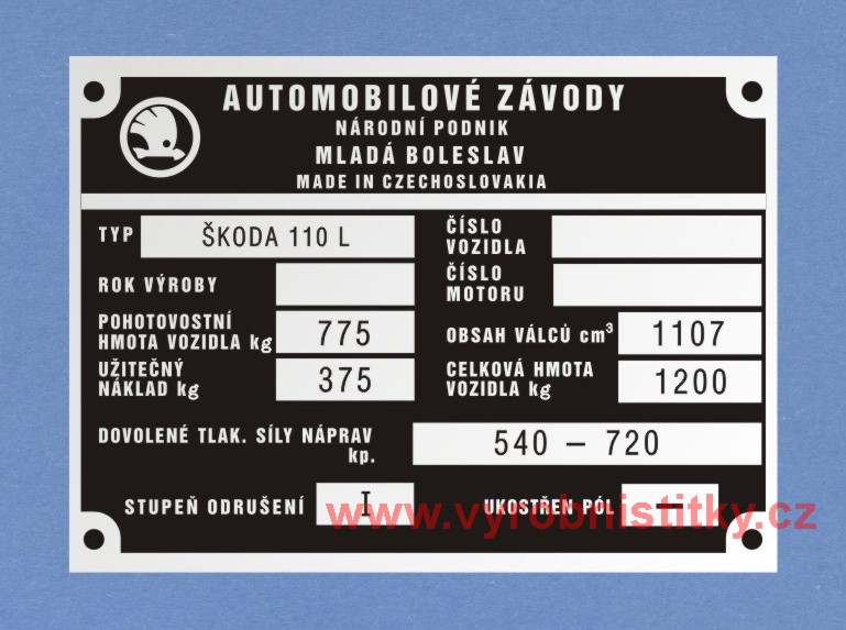 Výrobní štítek Škoda 110 L