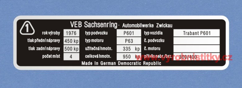 Výrobní štítek Trabant 601, užitečná hmotn