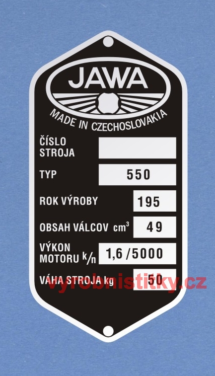 Výrobní štítek Jawa 550 předtištěný slovenský