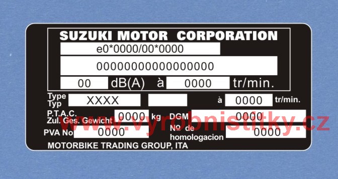 Výrobní štítek SUZUKI MOTOR CORPORATION, ITA - samolepící plast
