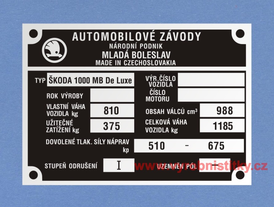 Výrobní štítek ŠKODA 1000 MB De Luxe celk. váha 1185