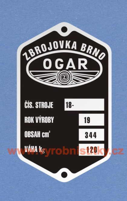 Výrobní štítek OGAR Zbrojovka Brno 18-, obsah 344