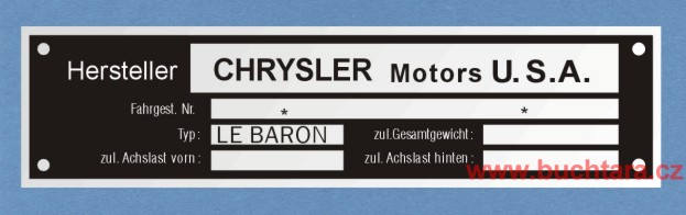 Výrobní štítek CHRYSLER Motors U.S.A. LE BARON
