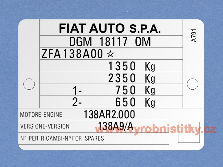 Výrobní štítek FIAT RITMO
