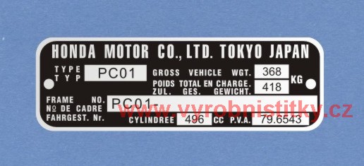 Výrobní štítek HONDA MOTOR CO LTD PC01