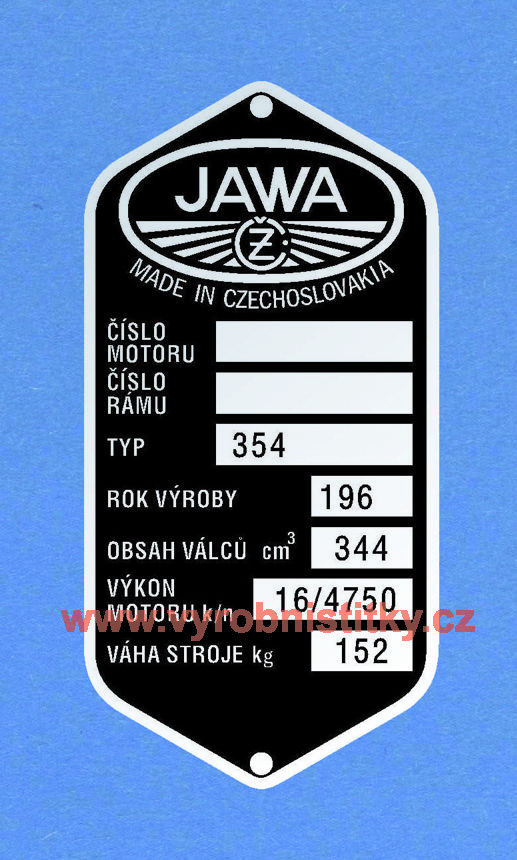 Výrobní štítek JAWA-ČZ 350-354_bez Týnce rv 196