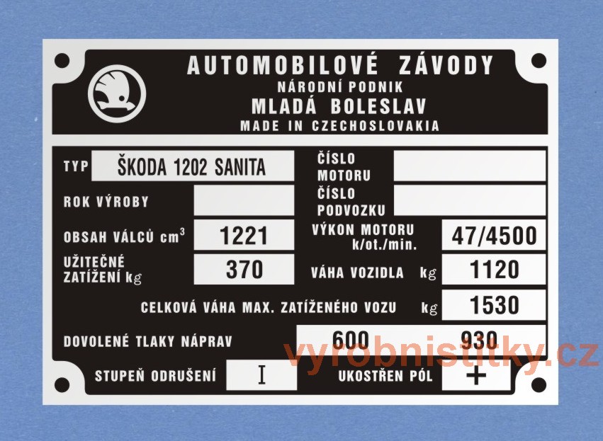 Výrobní štítek Škoda 1202 SANITA