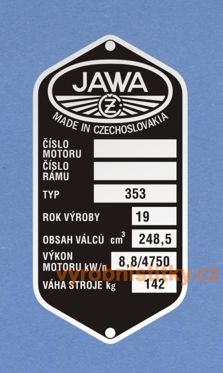 Výrobní štítek JAWA-ČZ 250-353-bez Týnce rv 19