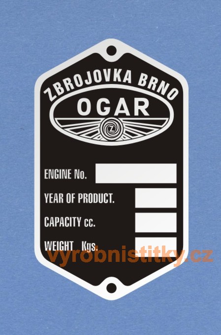 Výrobní štítek OGAR Zbrojovka Brno anglický prázdný