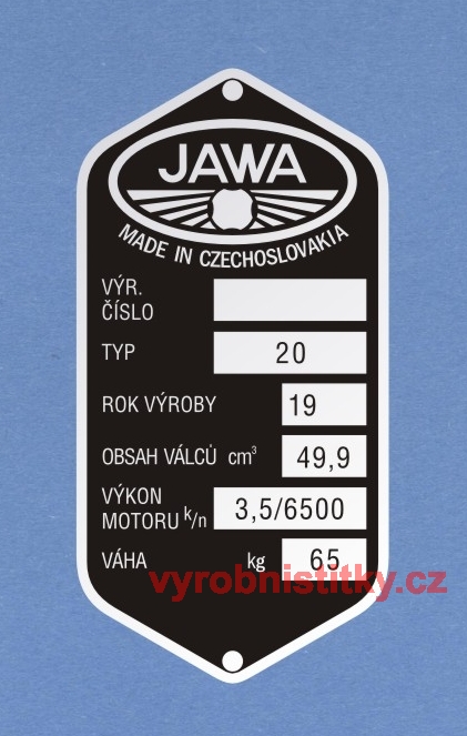 Výrobní štítek Jawa 20, obs. 49,9