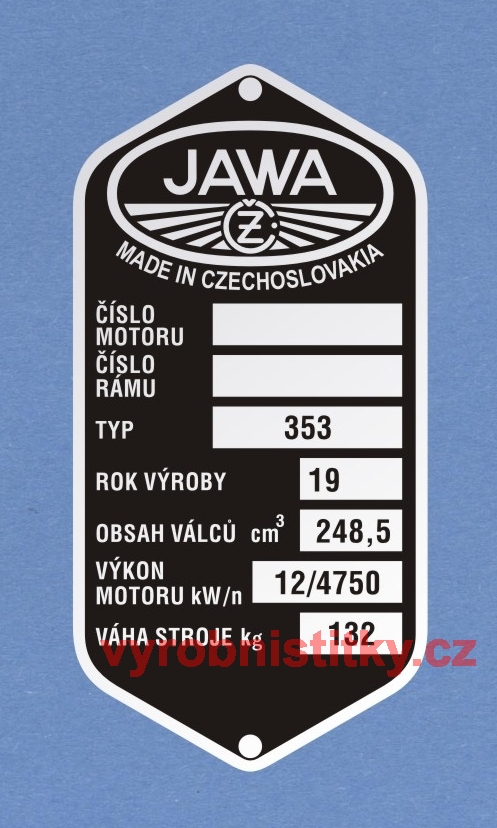 Výrobní štítek JAWA-ČZ 250-353, RV 19, OBS 248,5, VÝK 12, VÁHA 132