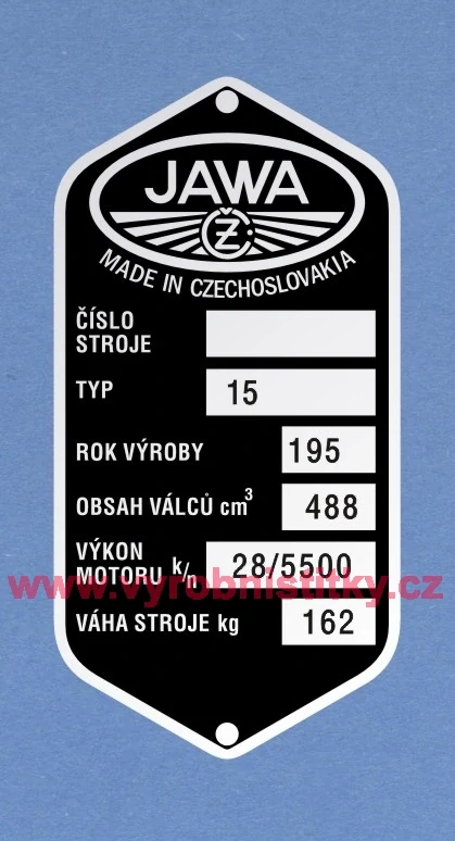 Výrobní štítek Jawa 500 OHC - 02 váha 162 kg