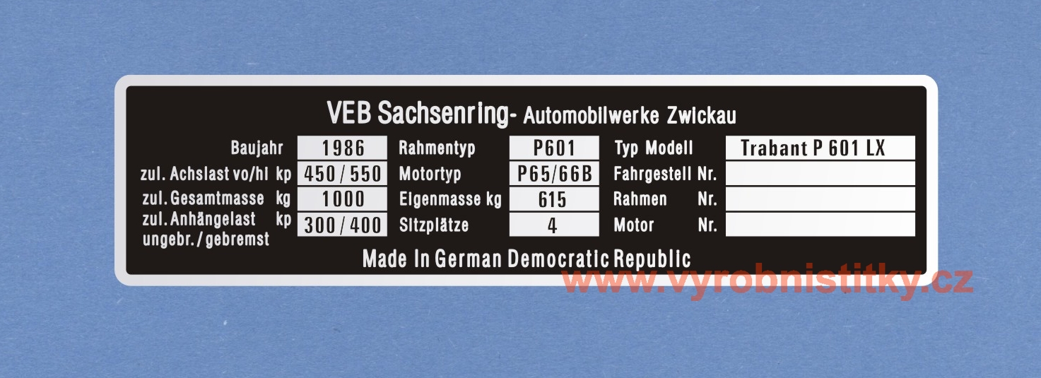 Výrobní štítek Trabant P601L německý,r.v.1986