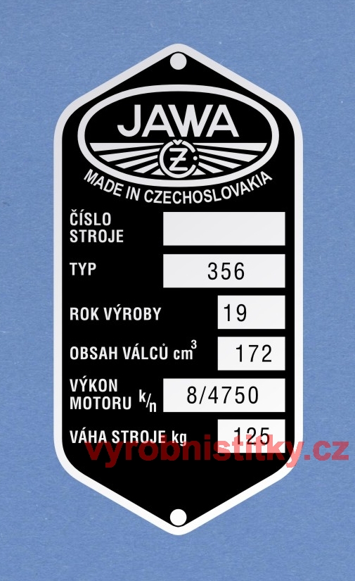 Výrobní štítek Jawa ČZ - 356 - váha 125 kg