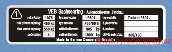 Výrobní štítek Trabant P601, r.v. 1978
