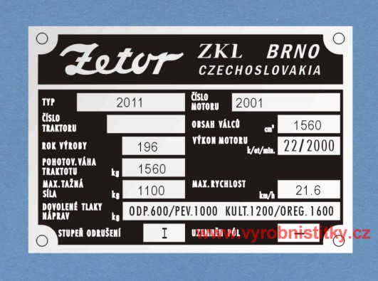 Výrobní štítek Zetor 2011
