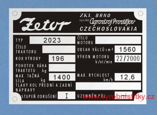 Výrobní štítek Zetor 2023
