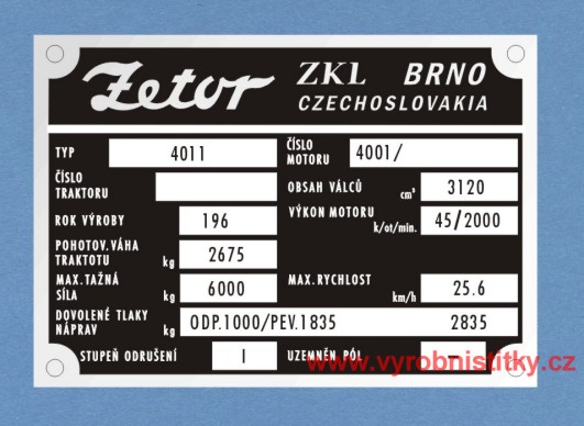Výrobní štítek Zetor 4011
