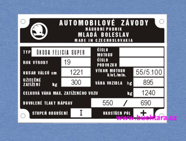 Výrobní štítek Škoda Felicia Super
