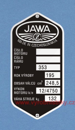 Výrobní štítek Jawa 250 "kývačka"
