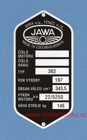 Výrobní štítek Jawa 362 Californian - český