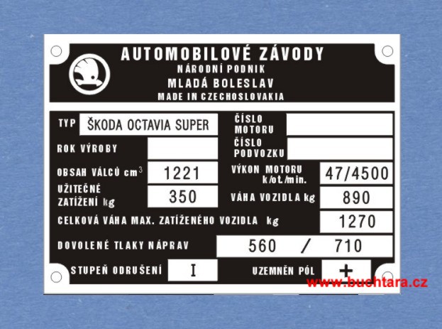 Výrobní štítek Škoda Octavia Super