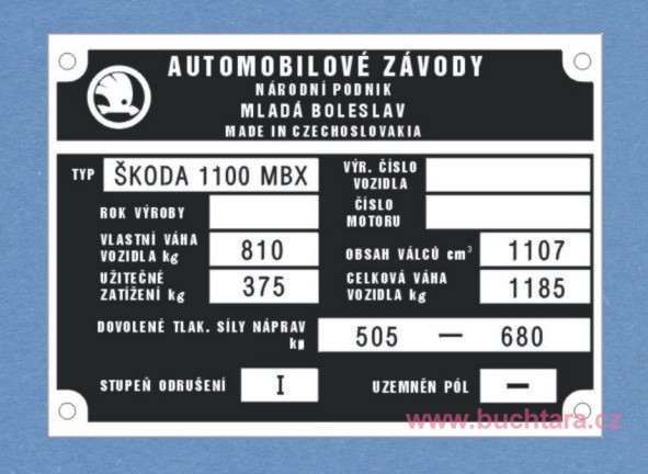 Výrobní štítek Škoda 1100MBX