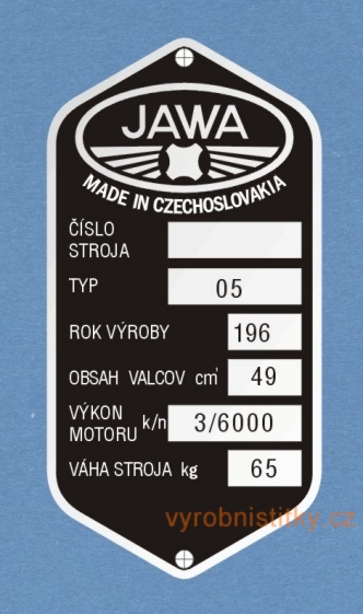 Výrobní štítek JAWA 05, výkon 3 k