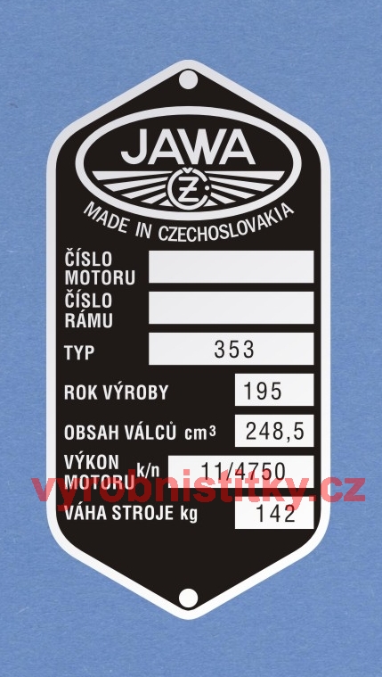 Výrobní štítek JAWA ČZ-250 typ 353