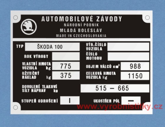 Výrobní štítek Škoda 100 celk. hm. 1150