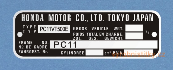 Výrobní štítek Honda PC11VT500E