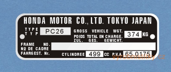 Výrobní štítek Honda PC26