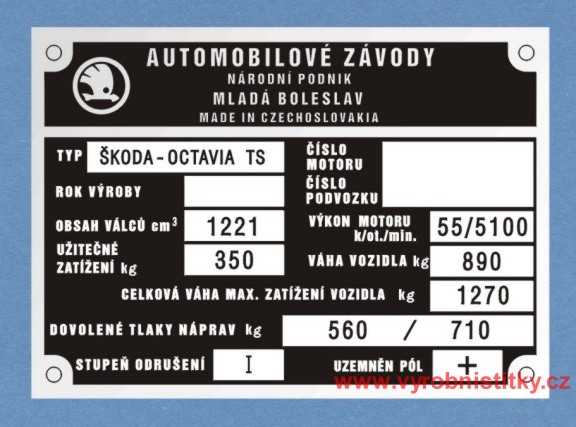 Výrobní štítek Škoda Octavia TS,výkon 55k