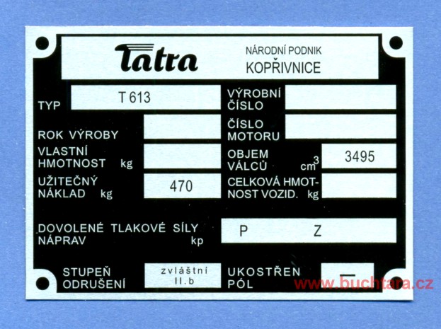 Výrobní štítek Tatra T613-1 hlavní