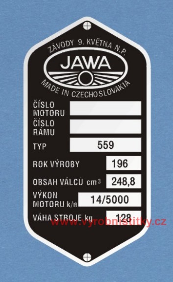 Výrobní štítek JAWA-ČZ Závody 9.května, váha 128
