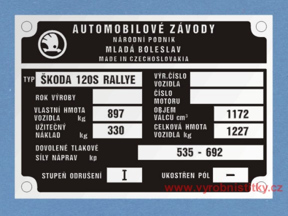Výrobní štítek Škoda 120S RALLYE - hmota 897 kg