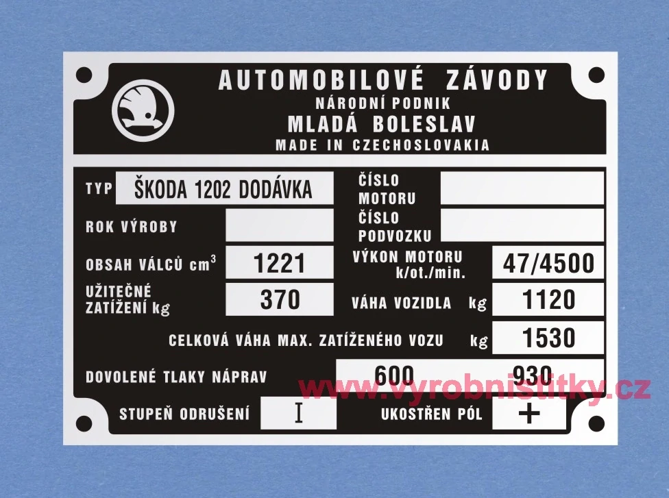Výrobní štítek Škoda 1202 DODÁVKA