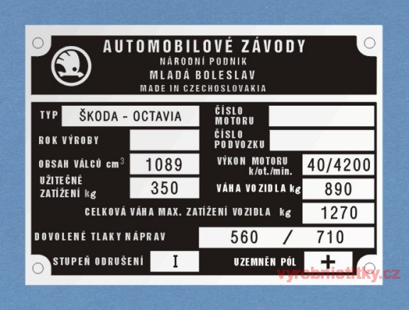 Výrobní štítek ŠKODA OCTAVIA, obsah 1089