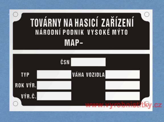 Výrobní štítek TOVÁRNY NA HASÍCÍ ZAŘÍZENÍ MAP-