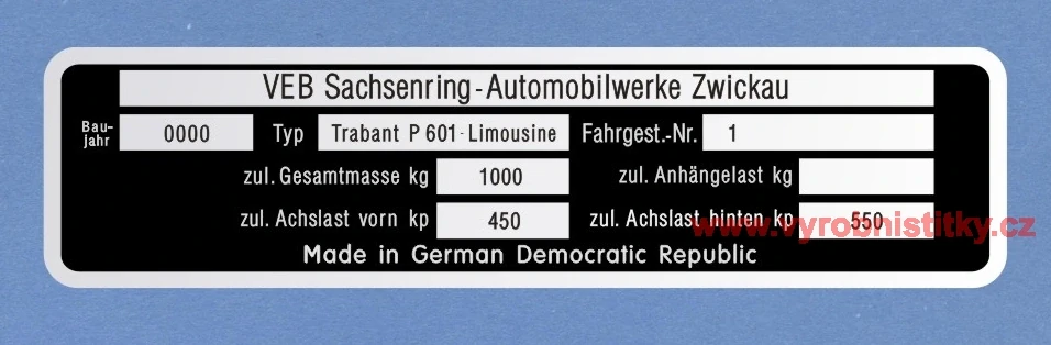 Výrobní štítek Trabant P601 - limousine