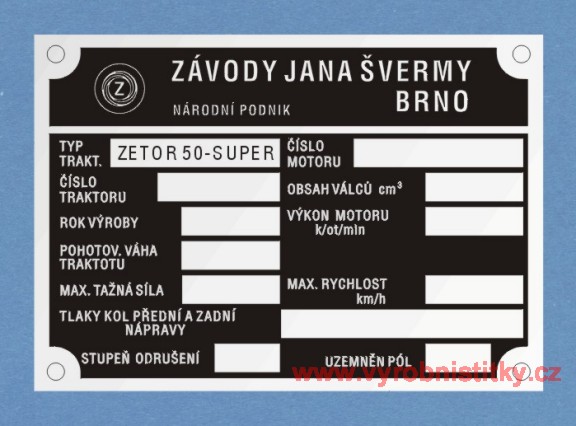 Výrobní štítek Zetor 50-SUPER prázdný