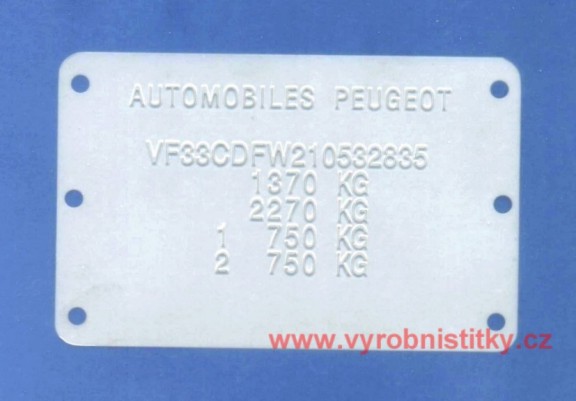 Výrobní štítek PEUGEOT s vystouplými čísly